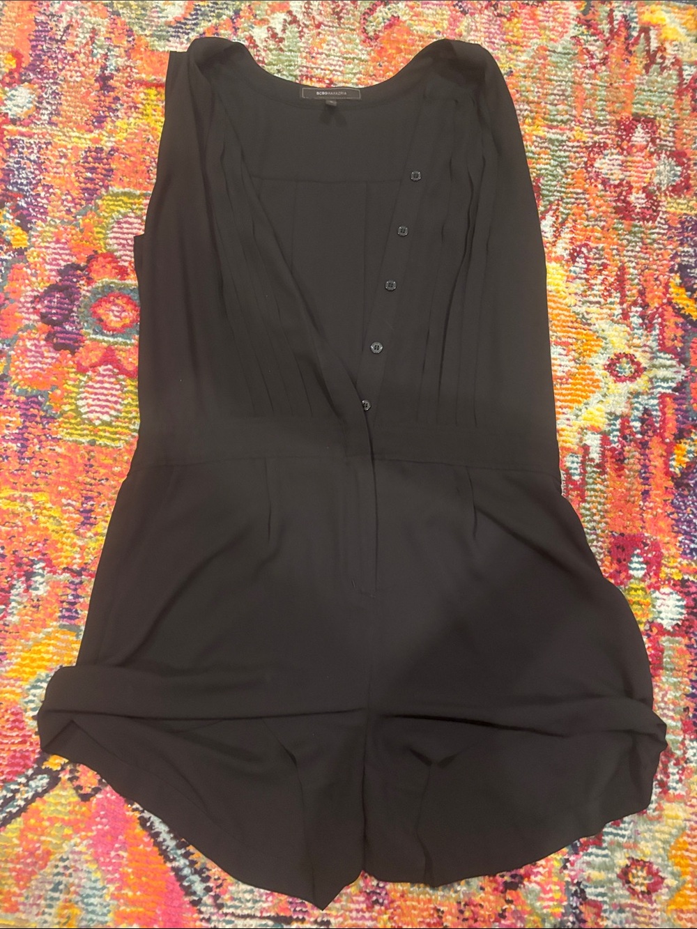 BCBGMaxAzria Black Sleeveless Button-Front Romper
